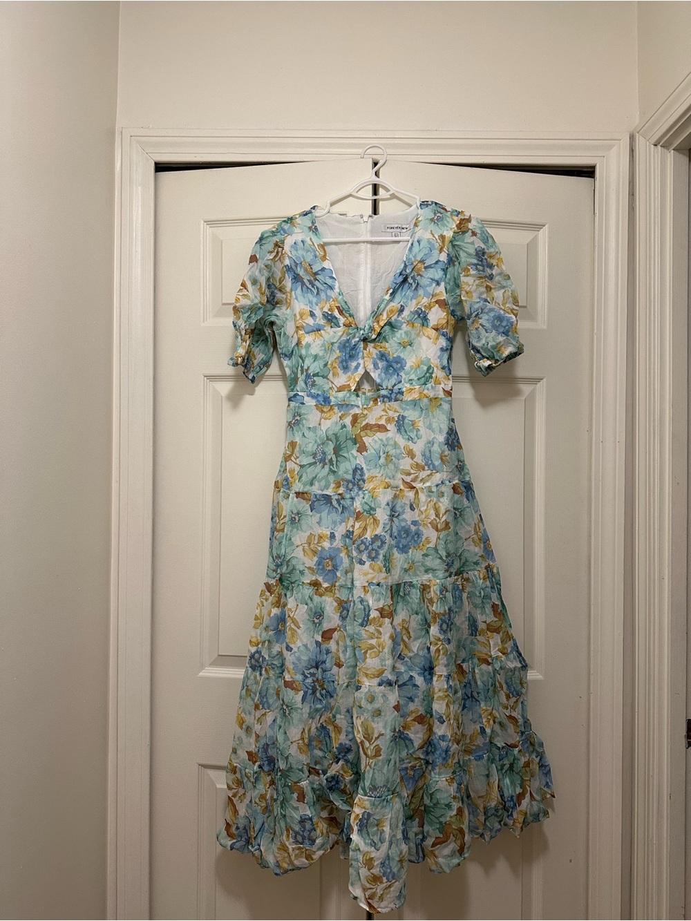 Forever New Blue and Cream Floral V-Neck Tiered Midi Dress